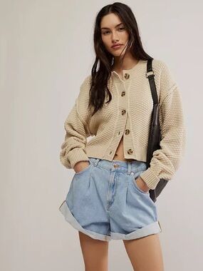 FREE PEOPLE Lila Cardi Bubble-Stitch Cropped Cardigan Birch XS